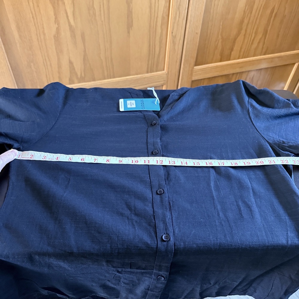NEW Women Size XLarge Black 100% Cotton Linen-Like Short Sleeve Button Shirt - Picture 6 of 10
